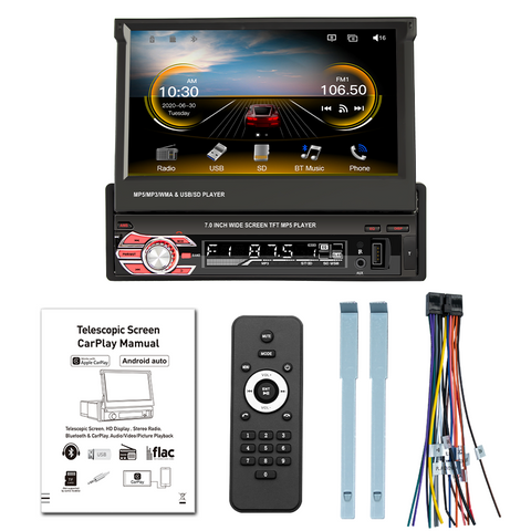 Car stereo wholesale single din car radio with apple carplay 7 inch hd Manual stretch capacitive touch screen Bluetooth 5.0 support FM AM android auto mirror link camera input