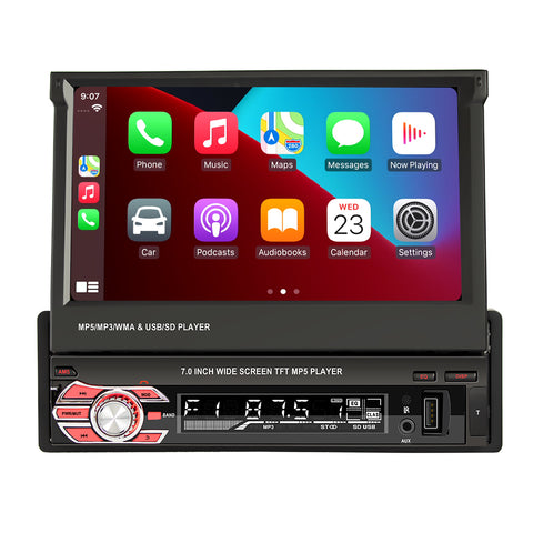 Eincar car radio manufacturer factory single din car stereo with apple carplay and android auto 7 inch manual retractable screen support online navigation usb aux mirror link camera input